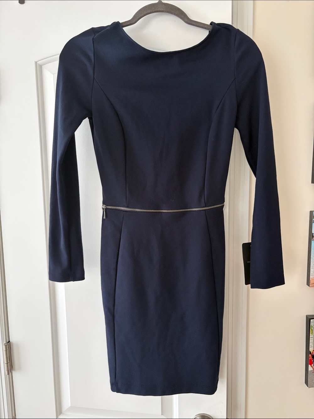 Zara Navy Long-Sleeve Sheath Dress with Waist Zip